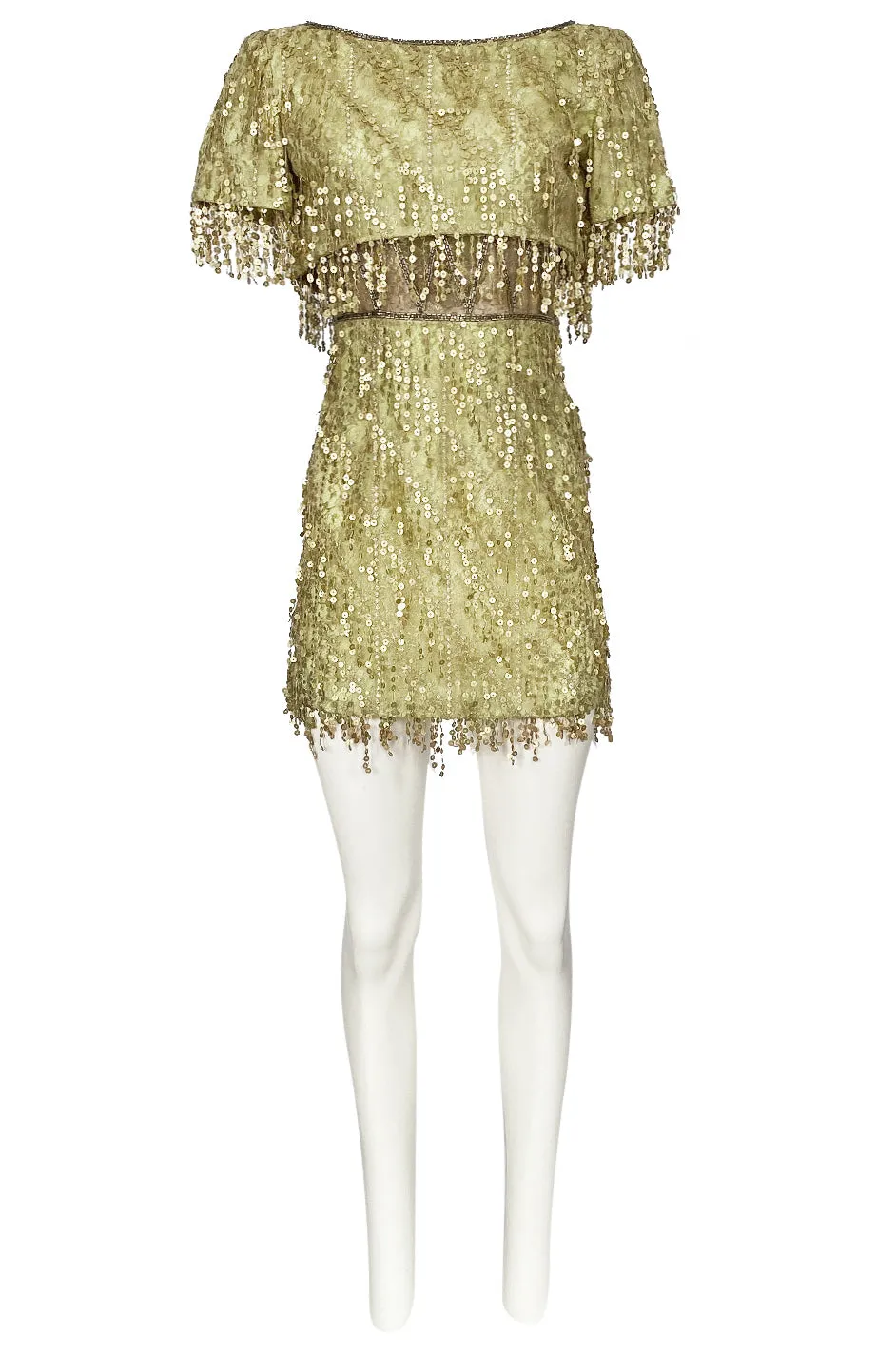 1991 Bob Mackie Gold Sequin Dangle Thread on Metallic Lace Mini Dress