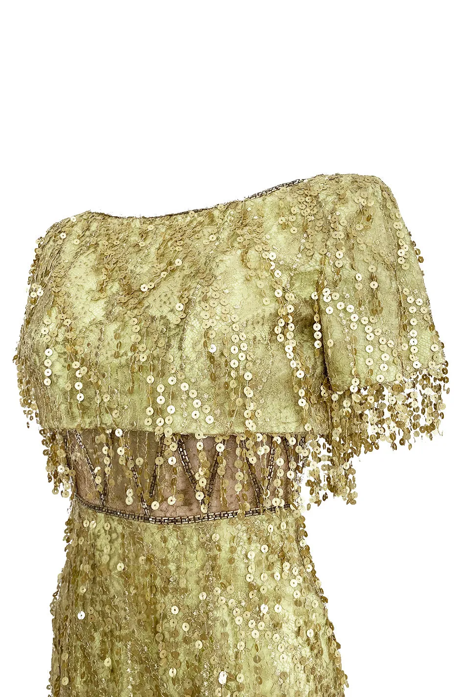 1991 Bob Mackie Gold Sequin Dangle Thread on Metallic Lace Mini Dress