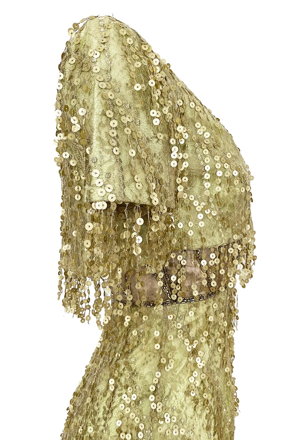 1991 Bob Mackie Gold Sequin Dangle Thread on Metallic Lace Mini Dress