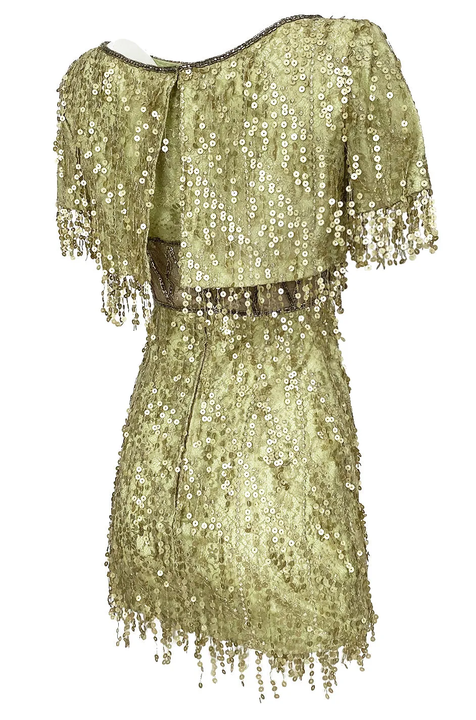 1991 Bob Mackie Gold Sequin Dangle Thread on Metallic Lace Mini Dress