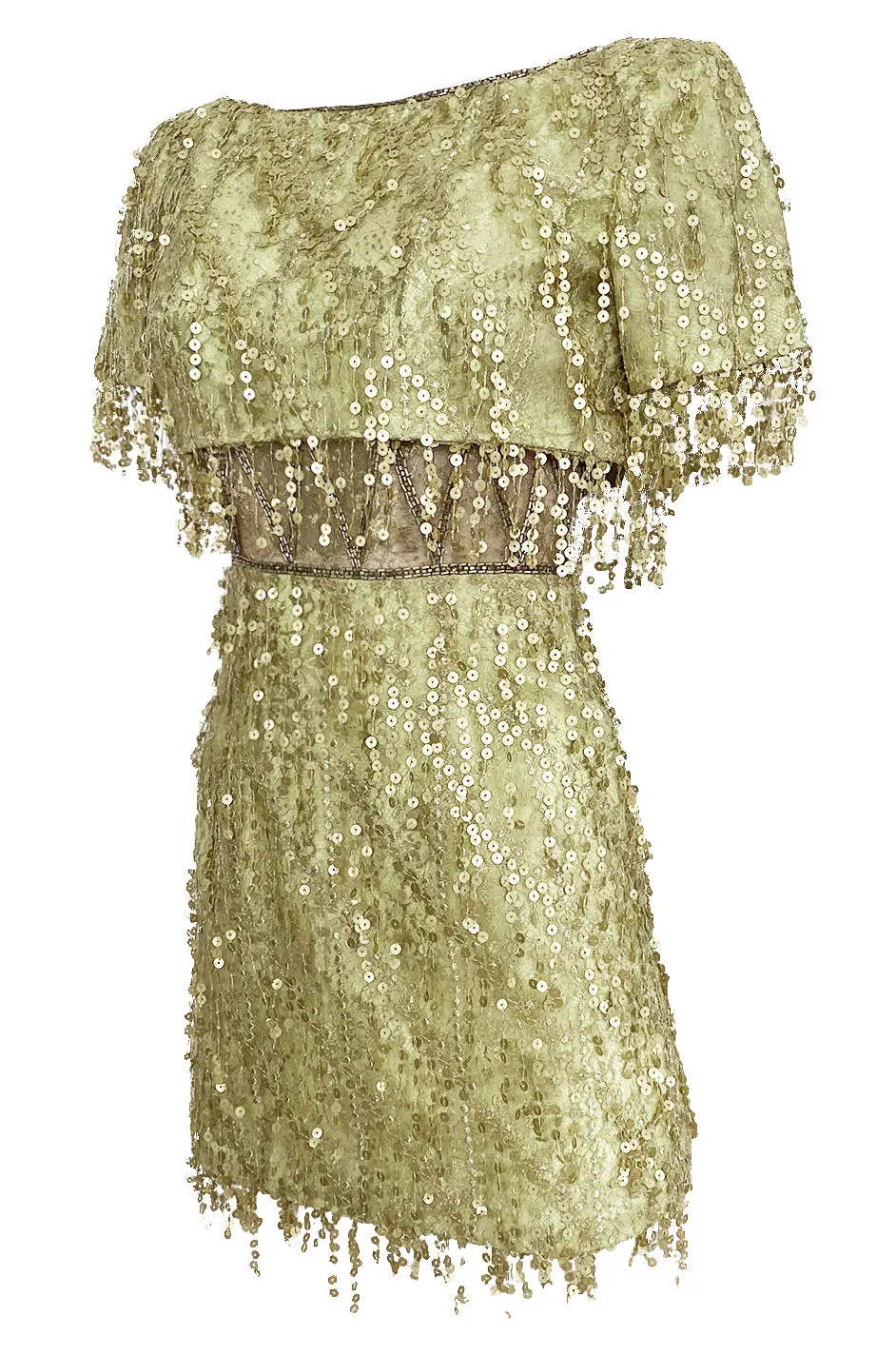 1991 Bob Mackie Gold Sequin Dangle Thread on Metallic Lace Mini Dress