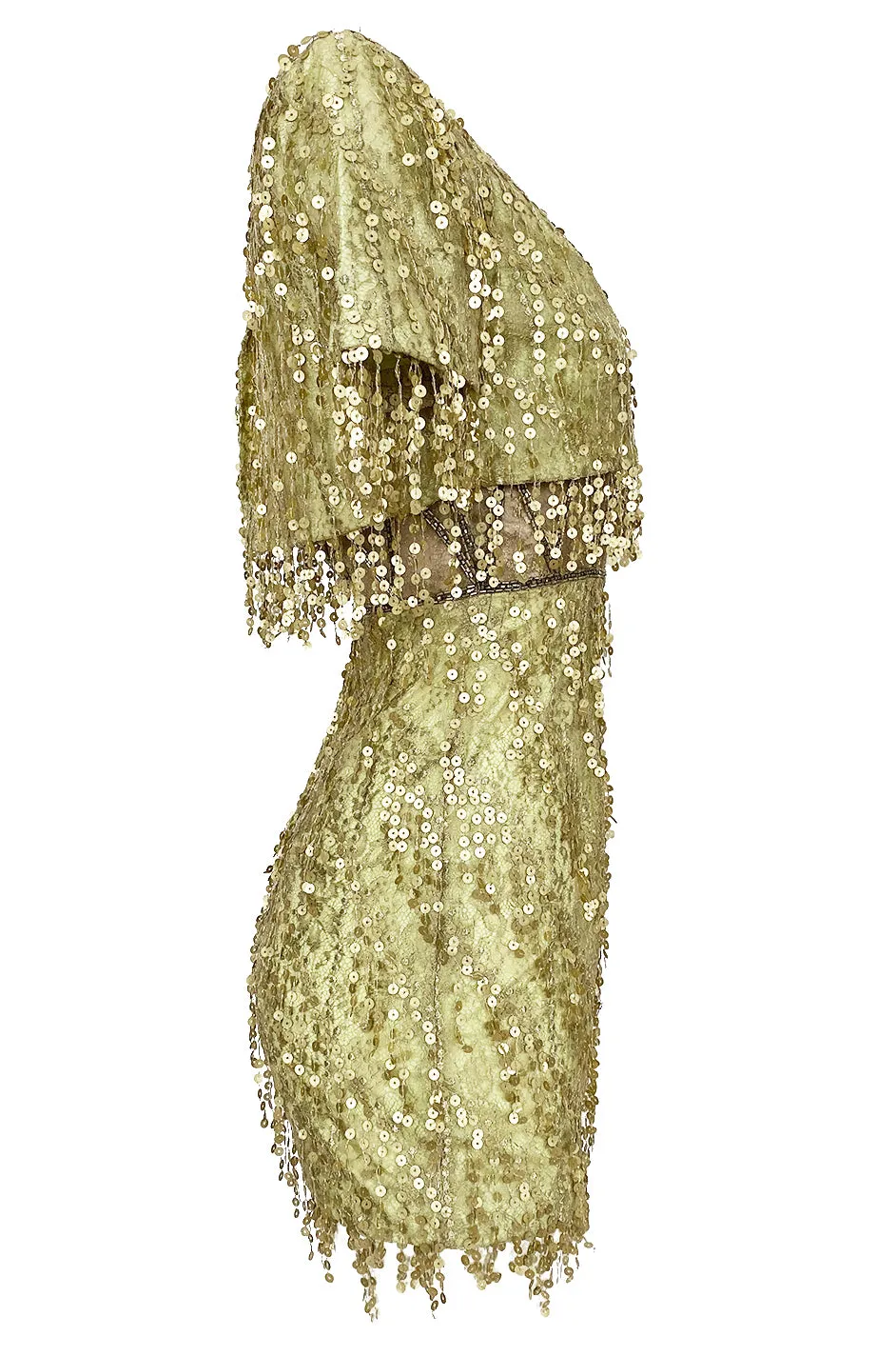 1991 Bob Mackie Gold Sequin Dangle Thread on Metallic Lace Mini Dress