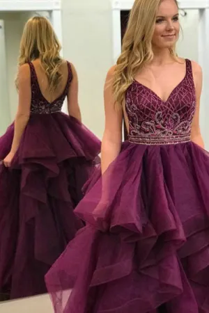A-Line Deep V-Neck Sweep Train Purple Tulle Backless Beaded Prom Dress with Ruffles C003