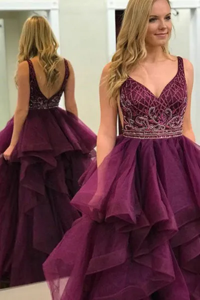 A-Line Deep V-Neck Sweep Train Purple Tulle Backless Beaded Prom Dress with Ruffles C003