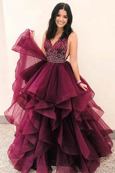 A-Line Deep V-Neck Sweep Train Purple Tulle Backless Beaded Prom Dress with Ruffles C003