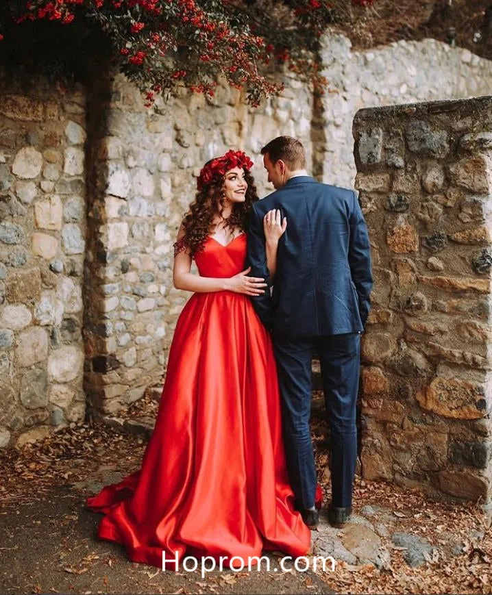 A Line Simple Straps Red Prom Dresses Elegant Evening Gowns Dresses