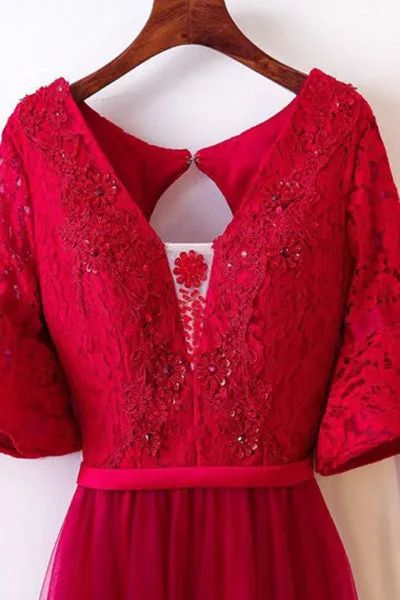 A-Line V-Neck Half Bell Sleeves Dark Red Tulle Open Back Tulle Prom Dress with Lace Q84