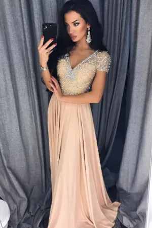 A-Line V-Neck Short Sleeves Floor-Length Beige Prom Dress with Beading OHC004