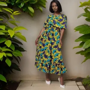 African Floral Print Long Front Frill Dress