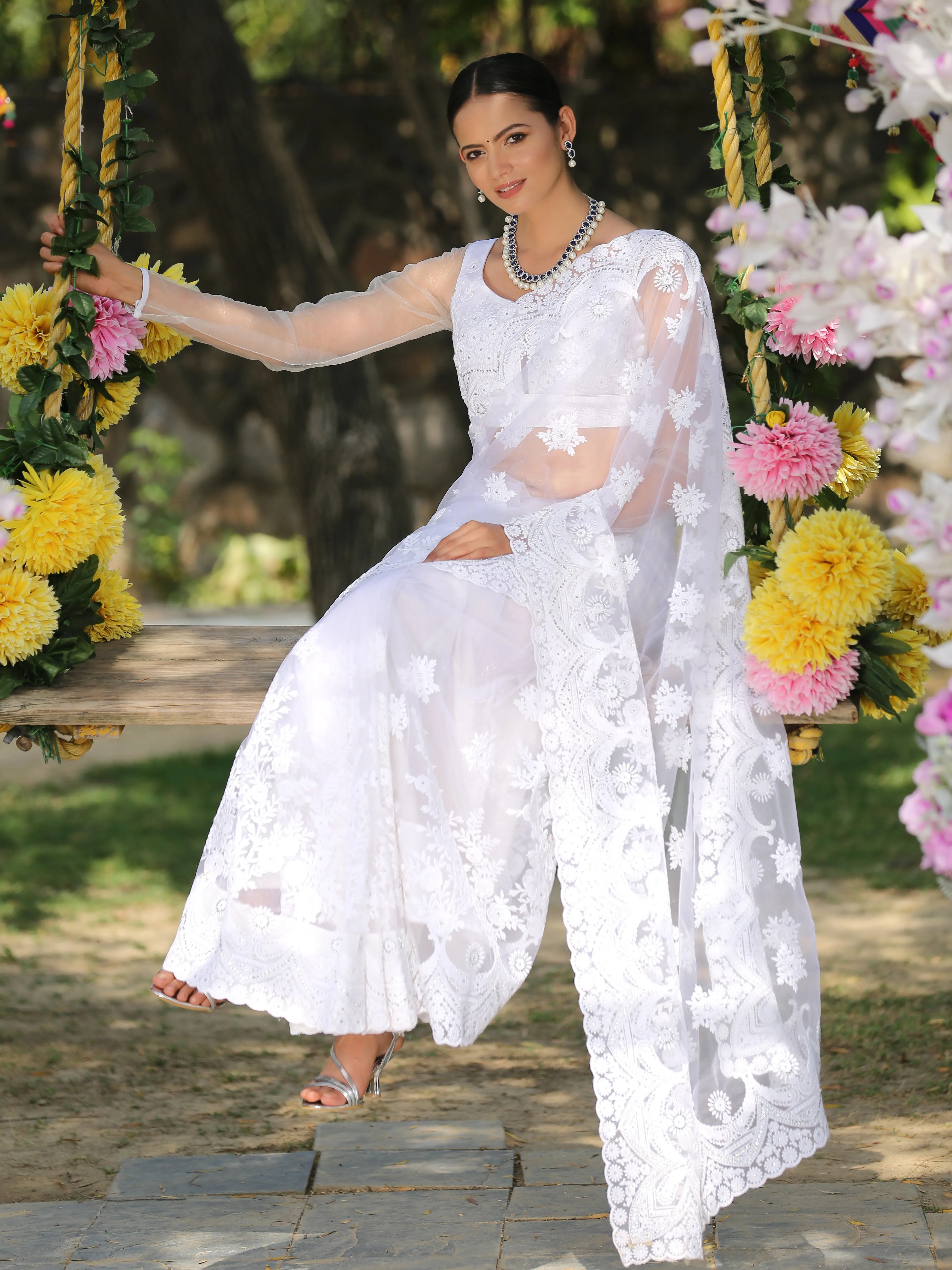 Angel White Net Saree with Embroidery & Scalloping