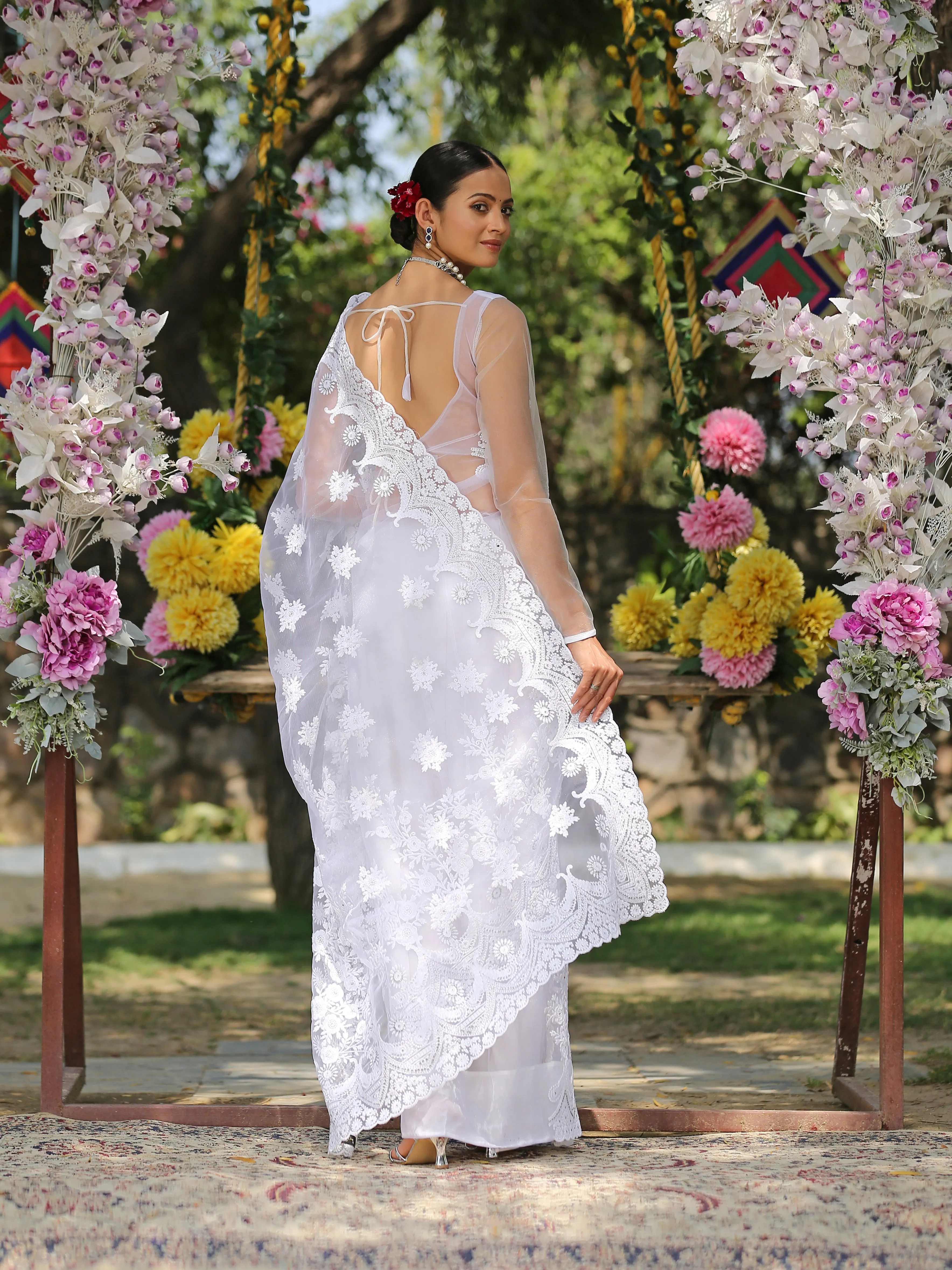 Angel White Net Saree with Embroidery & Scalloping
