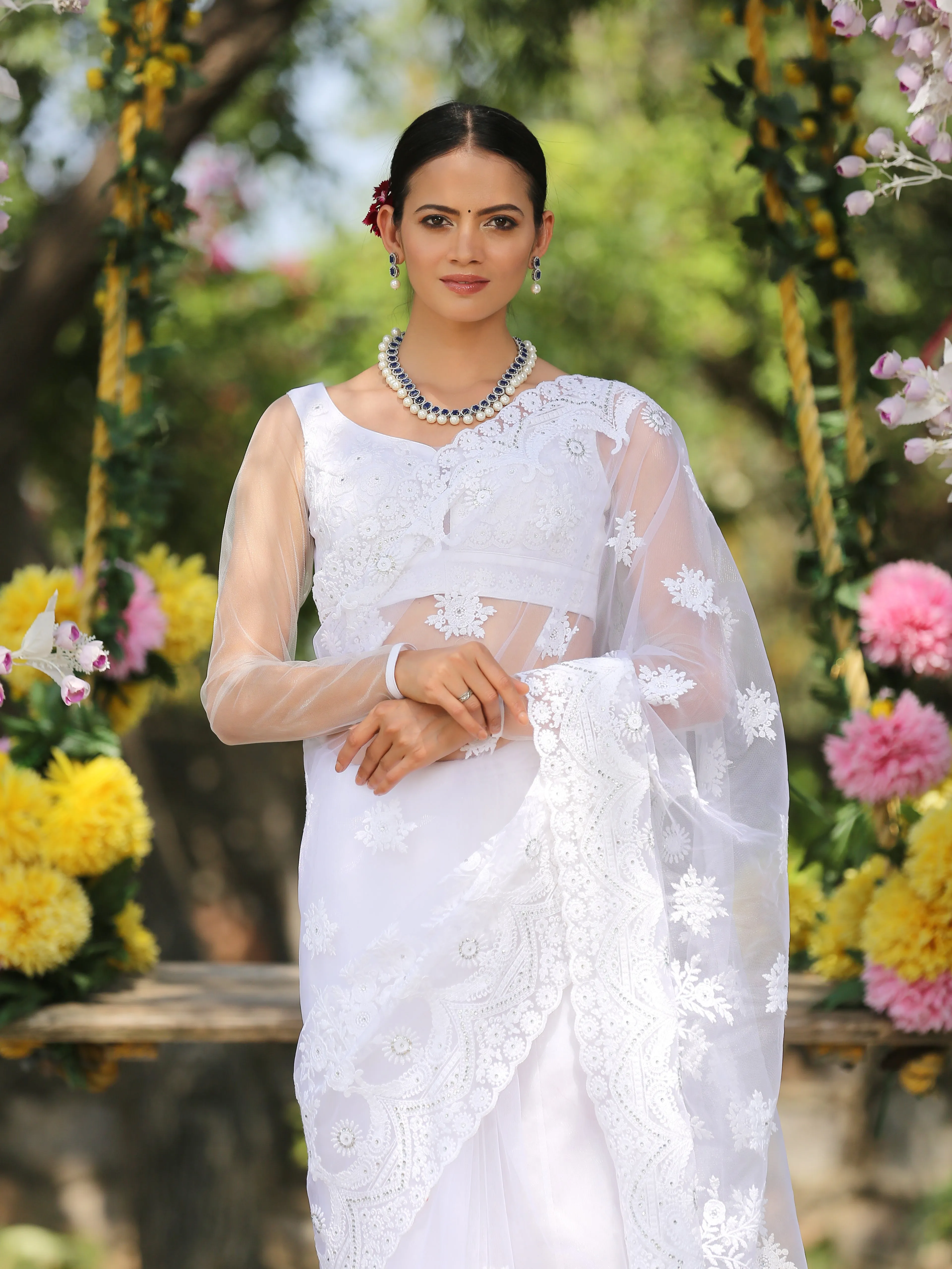 Angel White Net Saree with Embroidery & Scalloping