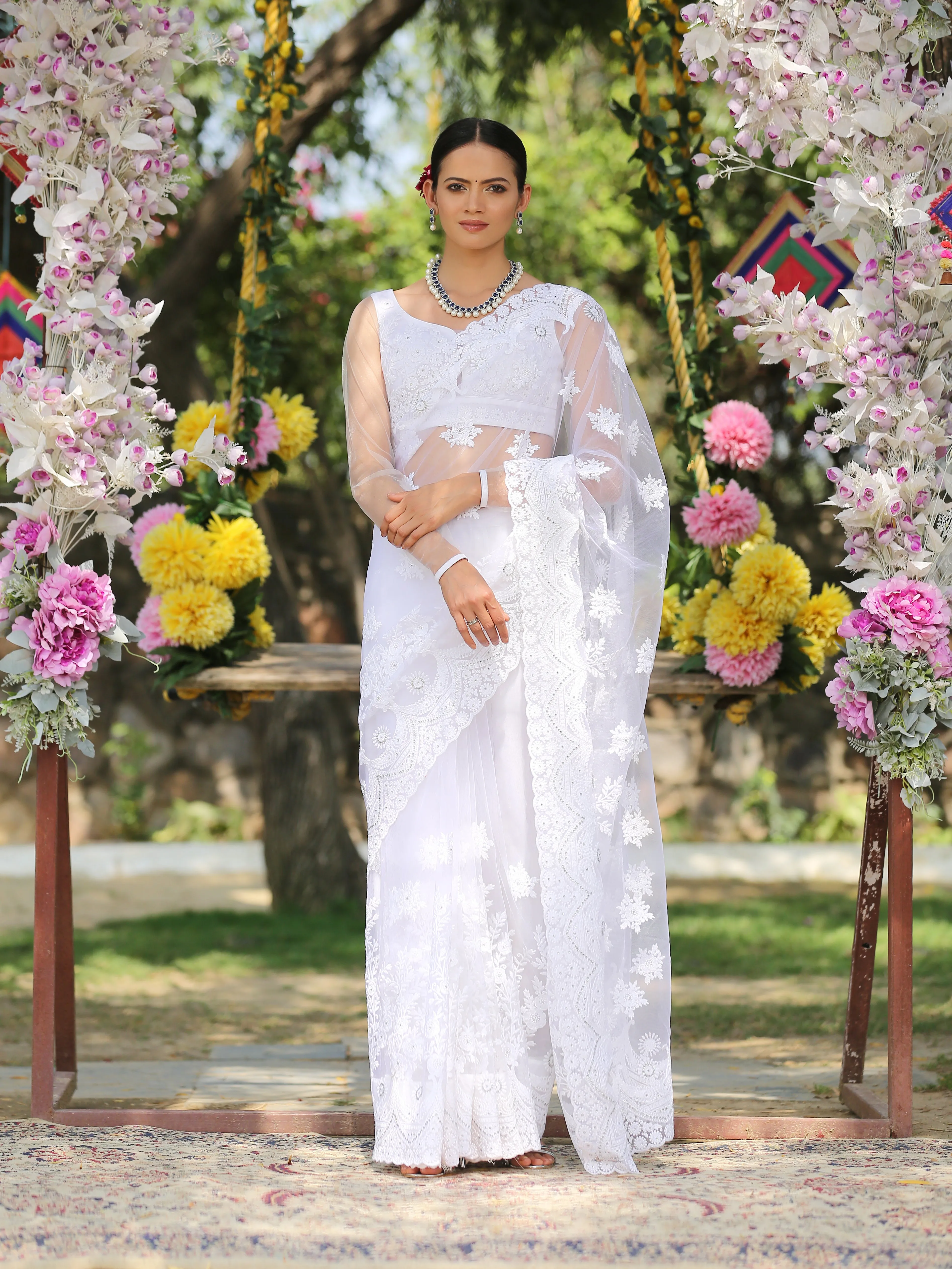 Angel White Net Saree with Embroidery & Scalloping