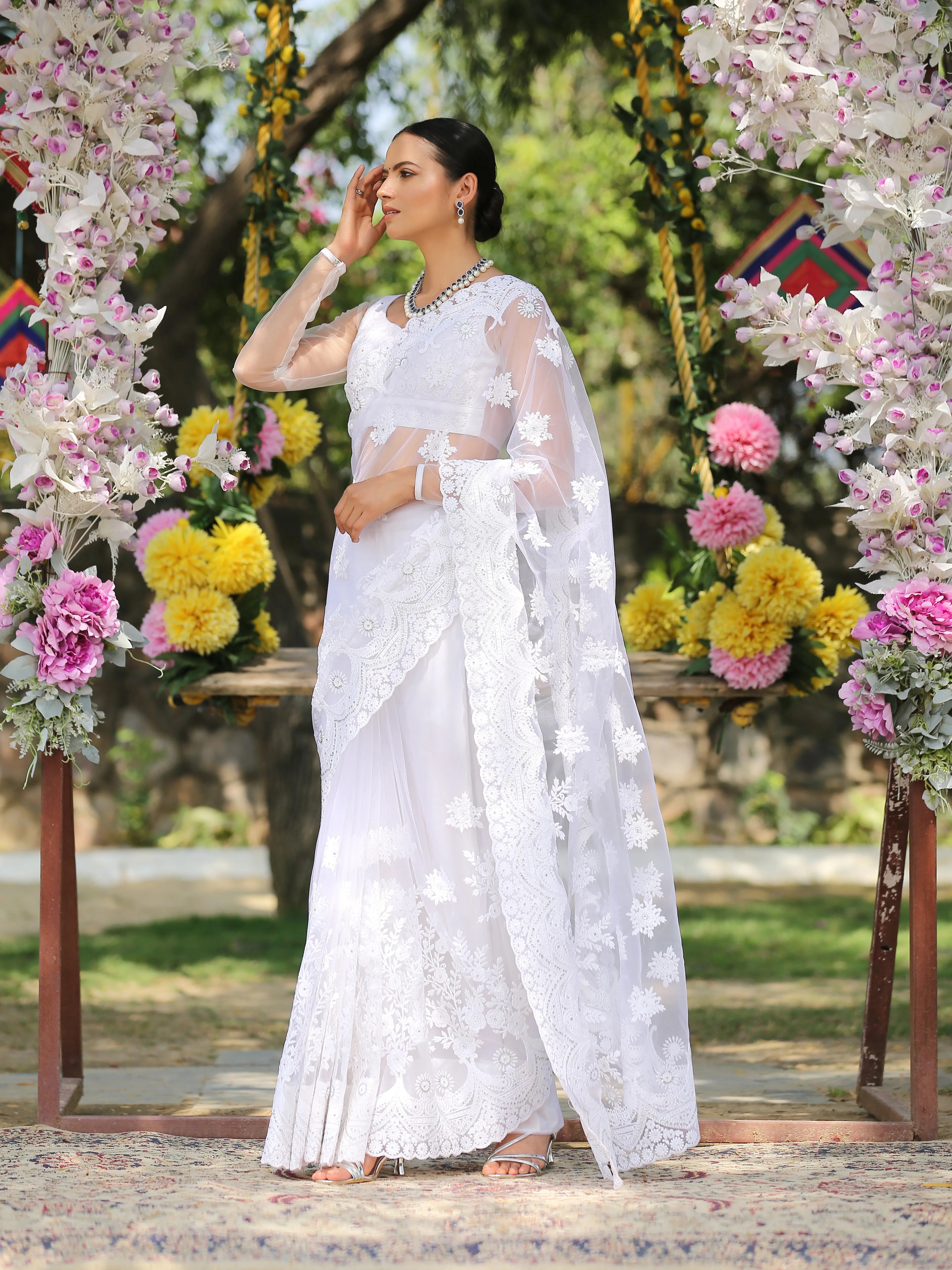Angel White Net Saree with Embroidery & Scalloping