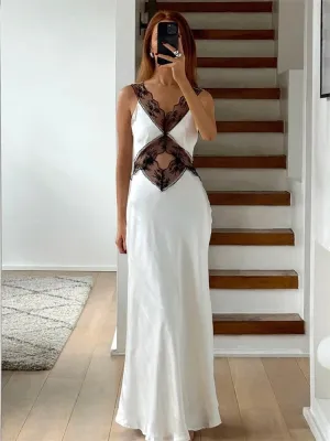 Backless Hollow Out Maxi Dress For Women Patchwork Printed Fashion High Waist Elegant Party Evening Prom Dress