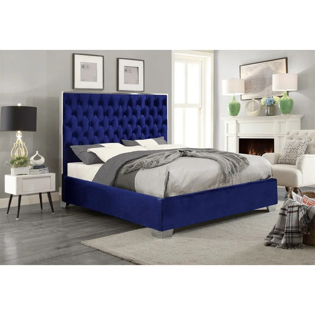 Bebelelo Blue Velvet Platform Queen Bed with Deep Button Tufting