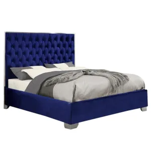 Bebelelo Blue Velvet Platform Queen Bed with Deep Button Tufting