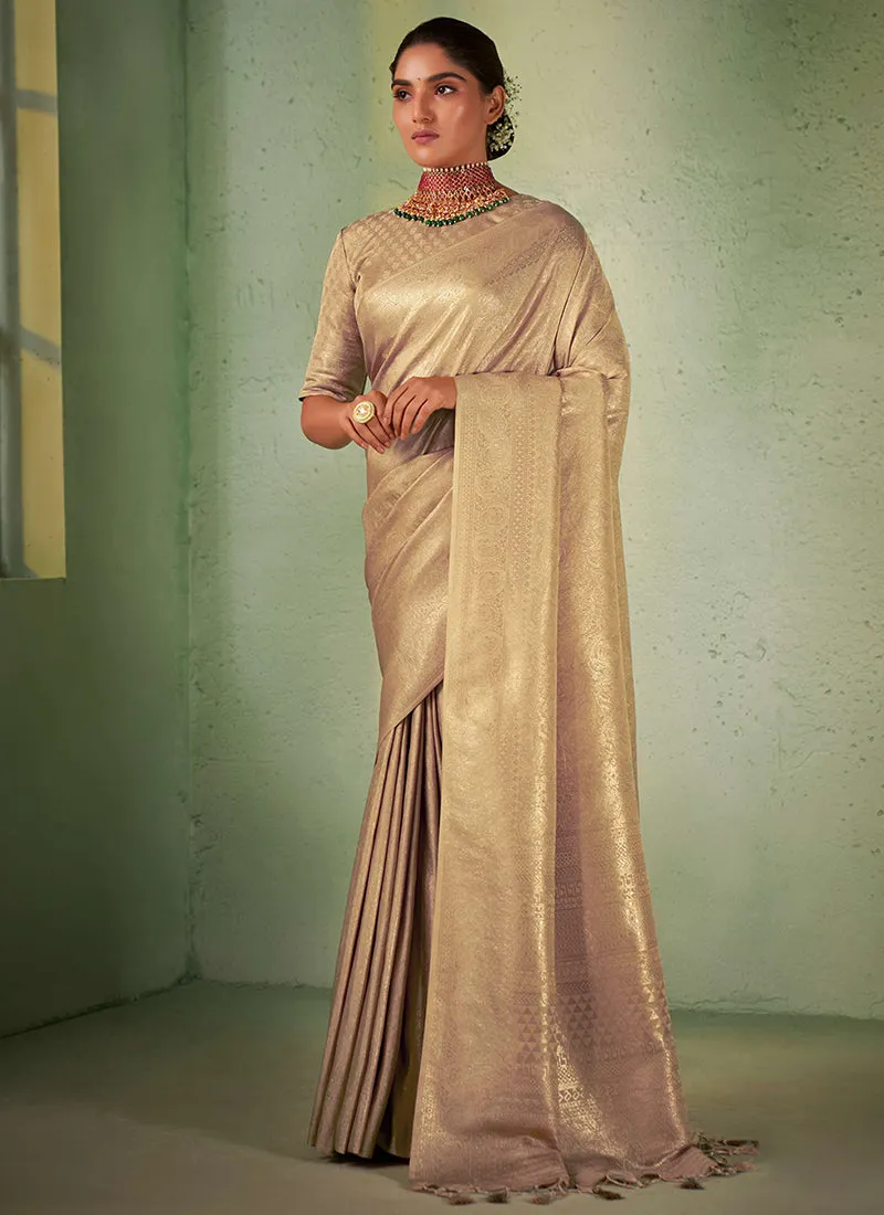 Beige Golden Brocade Detailed Kanjivaram Silk Saree
