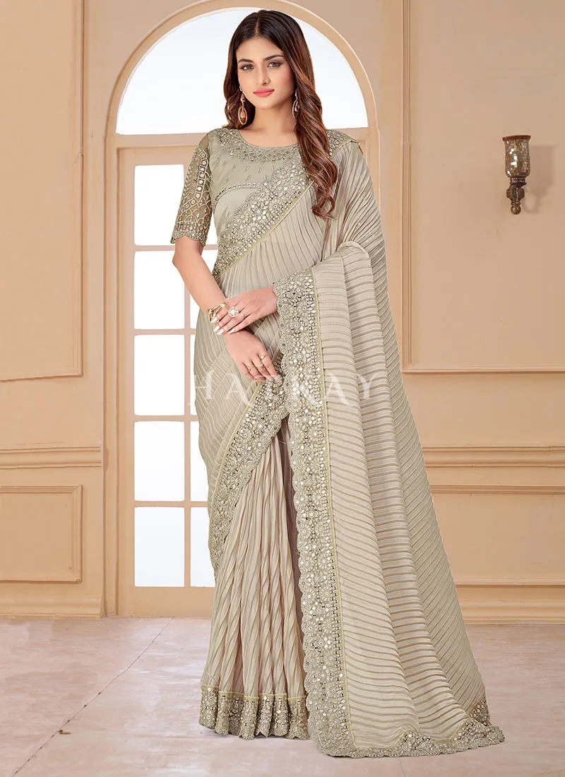 Beige Resham Embroidered Traditional Wedding Saree