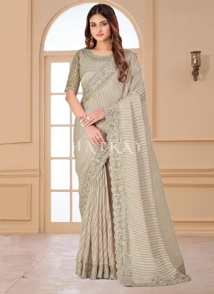 Beige Resham Embroidered Traditional Wedding Saree