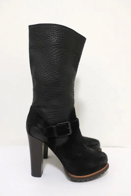 Belstaff Stratfield Boots Black Leather & Suede Size 37 Mid-Calf Platform Heel