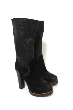 Belstaff Stratfield Boots Black Leather & Suede Size 37 Mid-Calf Platform Heel