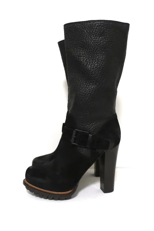 Belstaff Stratfield Boots Black Leather & Suede Size 37 Mid-Calf Platform Heel