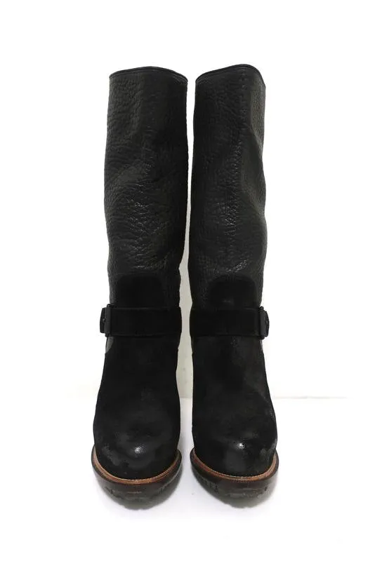 Belstaff Stratfield Boots Black Leather & Suede Size 37 Mid-Calf Platform Heel