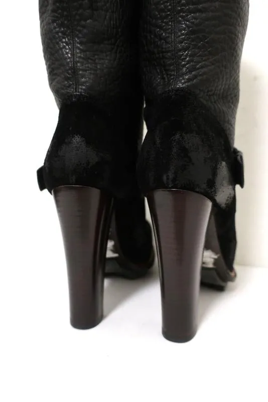 Belstaff Stratfield Boots Black Leather & Suede Size 37 Mid-Calf Platform Heel