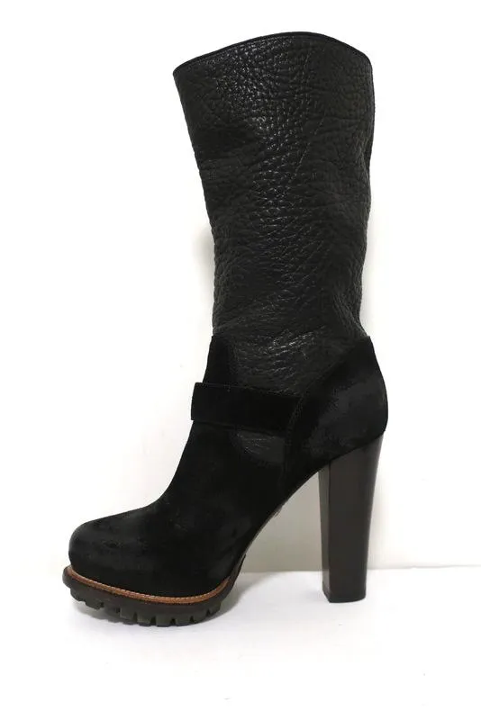 Belstaff Stratfield Boots Black Leather & Suede Size 37 Mid-Calf Platform Heel