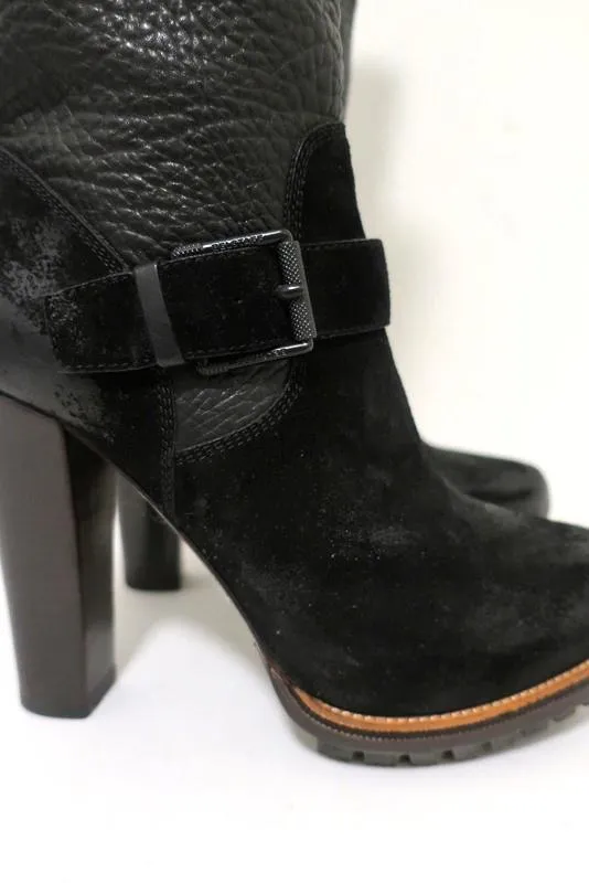 Belstaff Stratfield Boots Black Leather & Suede Size 37 Mid-Calf Platform Heel