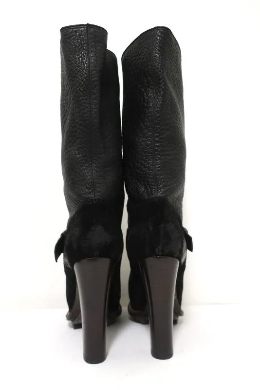 Belstaff Stratfield Boots Black Leather & Suede Size 37 Mid-Calf Platform Heel