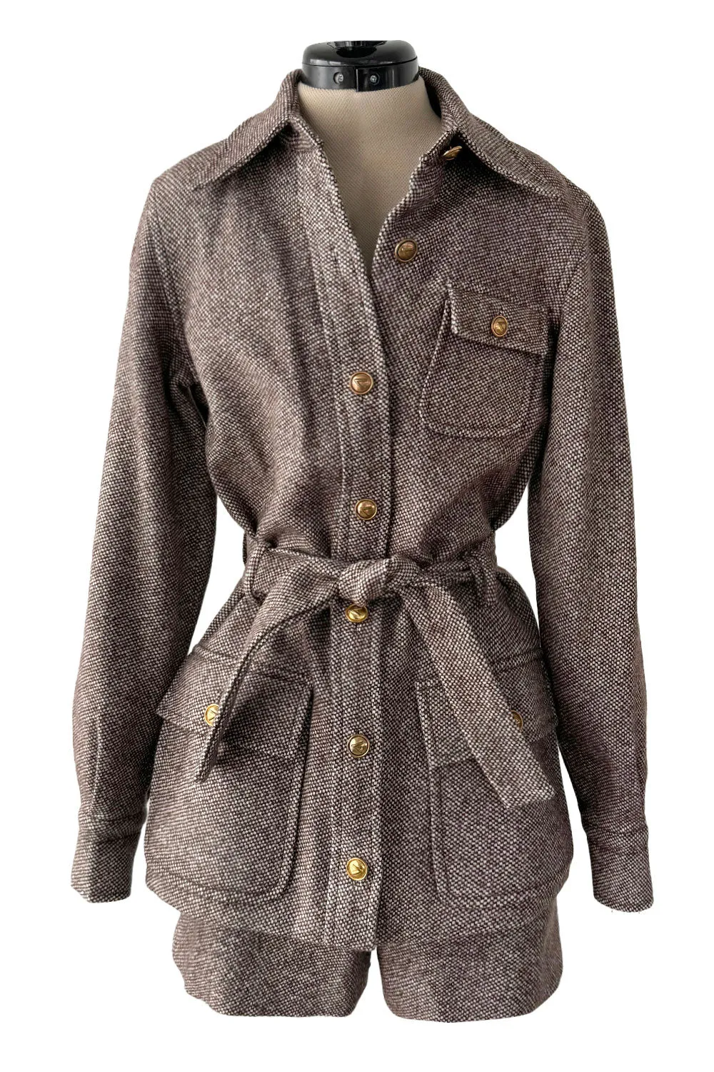 Best 1970s Valentino Four Pocket Tie Belt Jacket  w Tailored Shorts Set & Gold V Logo Buttons