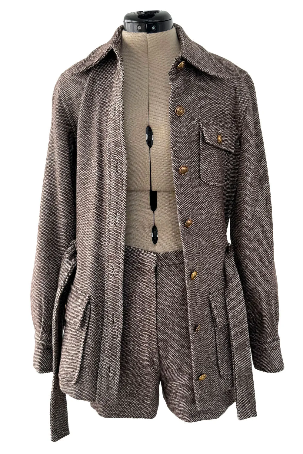 Best 1970s Valentino Four Pocket Tie Belt Jacket  w Tailored Shorts Set & Gold V Logo Buttons