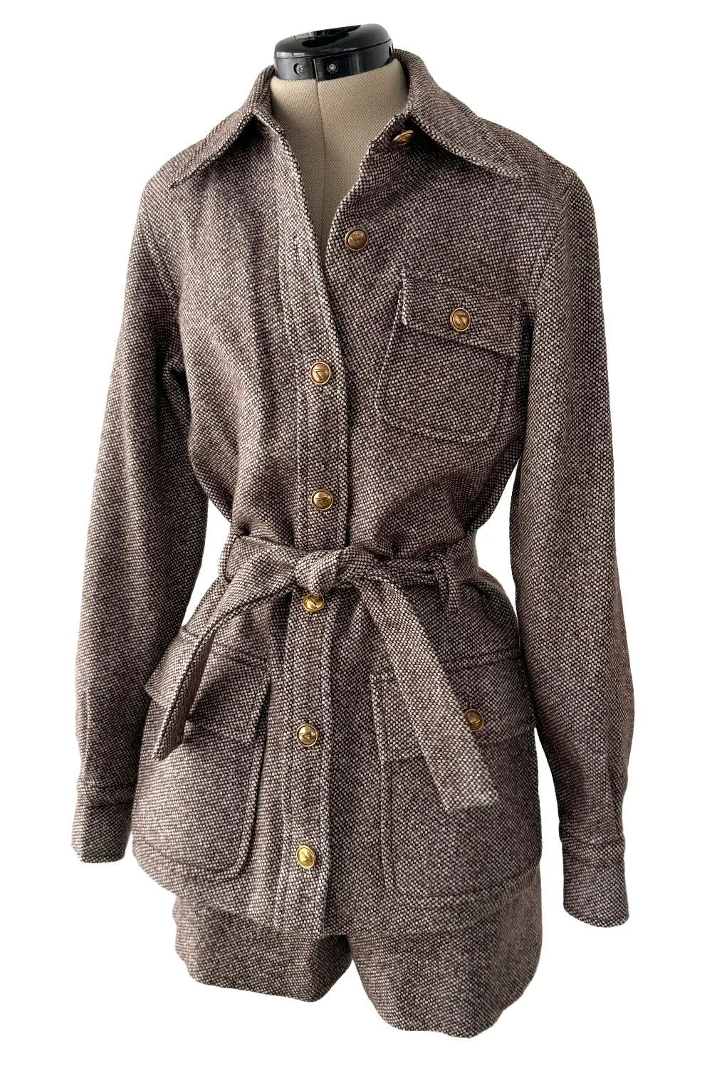 Best 1970s Valentino Four Pocket Tie Belt Jacket  w Tailored Shorts Set & Gold V Logo Buttons
