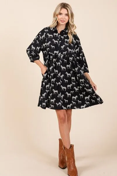Black Zebra Print Button Down Shirt Mini Dress