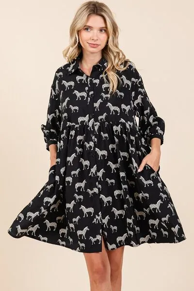 Black Zebra Print Button Down Shirt Mini Dress