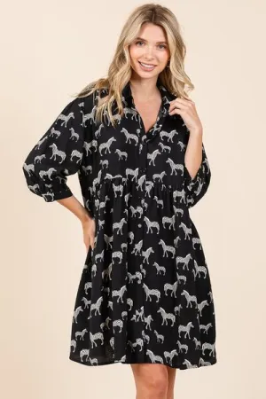Black Zebra Print Button Down Shirt Mini Dress