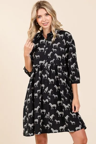 Black Zebra Print Button Down Shirt Mini Dress