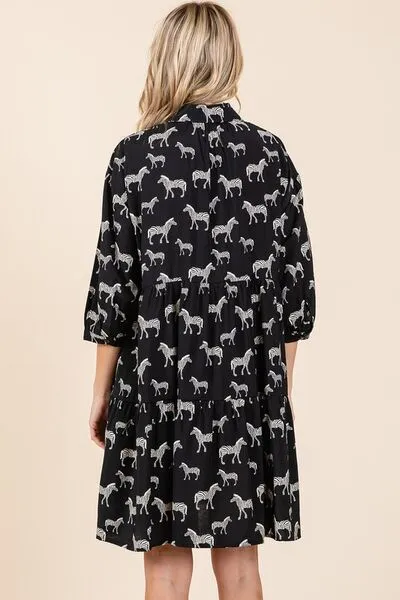 Black Zebra Print Button Down Shirt Mini Dress