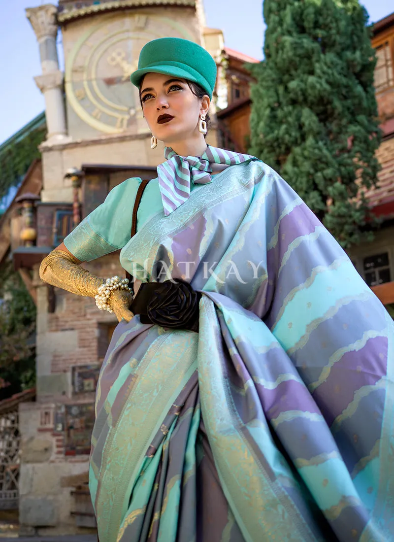 Blue Purple Printed Silk Saree