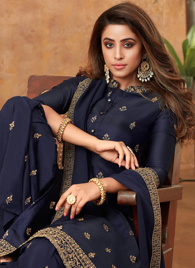 Blue Resham Work Detailed Traditional Sharara Suit