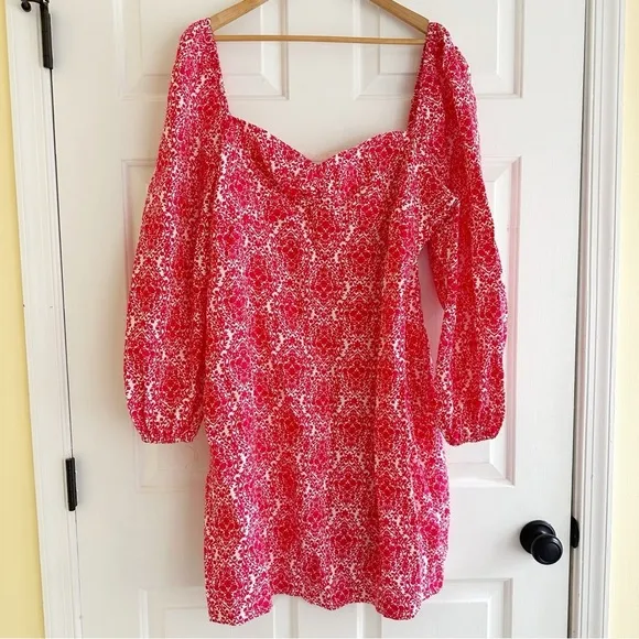 Boden Linen Long Puff Sleeve Mini Shift Dress Pop Peony Vine Terrace 16-18 Long