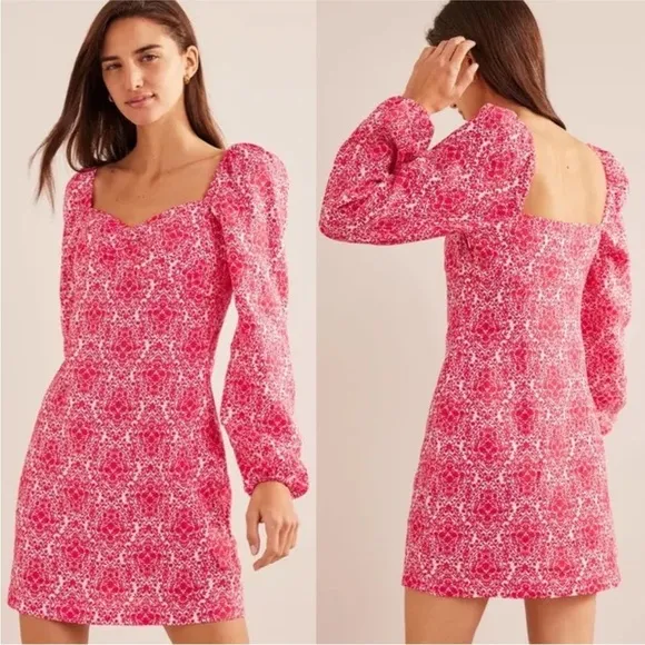 Boden Linen Long Puff Sleeve Mini Shift Dress Pop Peony Vine Terrace 16-18 Long