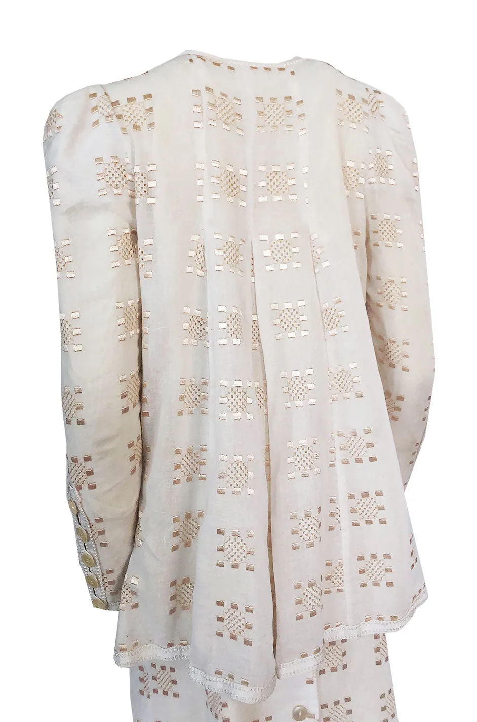 c.1971 Bill Gibb Embroidered Ivory Cotton Gauze Dress & Jacket Set