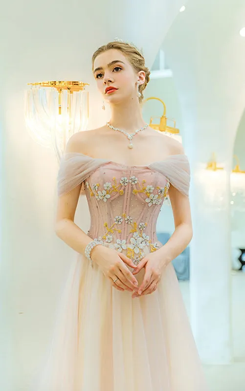 Cap Sleeves A Line Floor Length Elegant Tulle Prom Dress Unique Embroidery Prom Evening Dress SMT0717