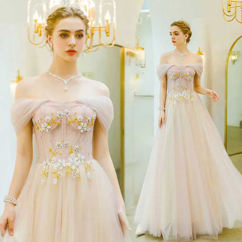 Cap Sleeves A Line Floor Length Elegant Tulle Prom Dress Unique Embroidery Prom Evening Dress SMT0717