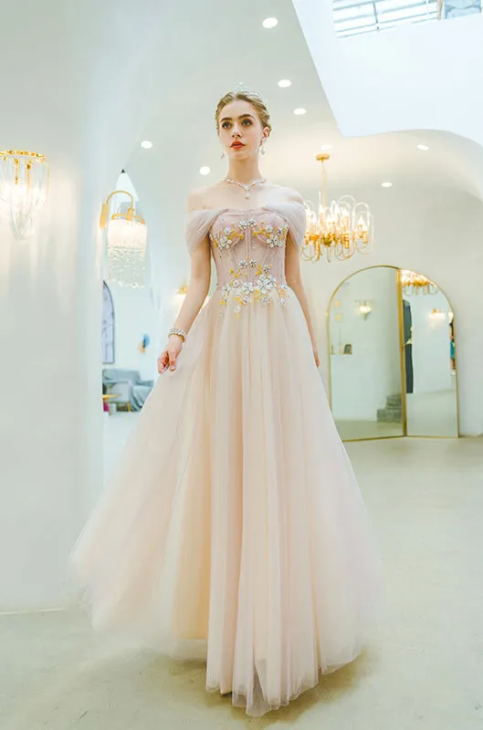 Cap Sleeves A Line Floor Length Elegant Tulle Prom Dress Unique Embroidery Prom Evening Dress SMT0717