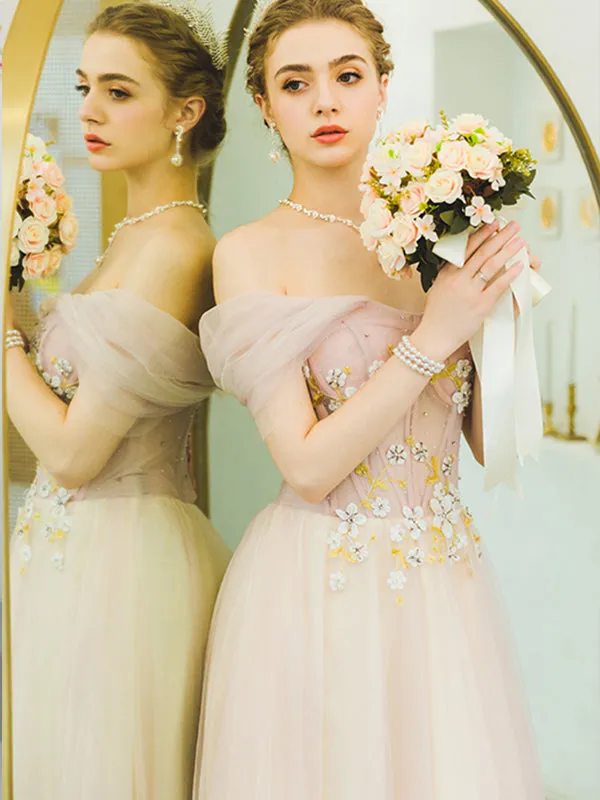 Cap Sleeves A Line Floor Length Elegant Tulle Prom Dress Unique Embroidery Prom Evening Dress SMT0717