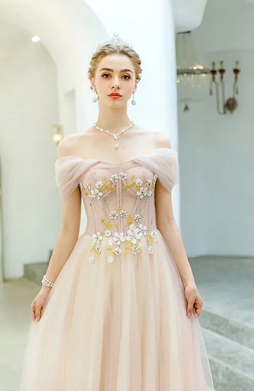 Cap Sleeves A Line Floor Length Elegant Tulle Prom Dress Unique Embroidery Prom Evening Dress SMT0717